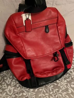 Coach Red and Black Perforated Leather Backpack
